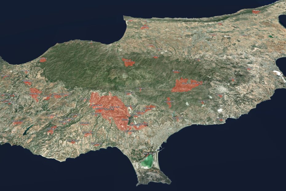 Map of Cyprus showing areas devastated by wildfires over the past 10 years